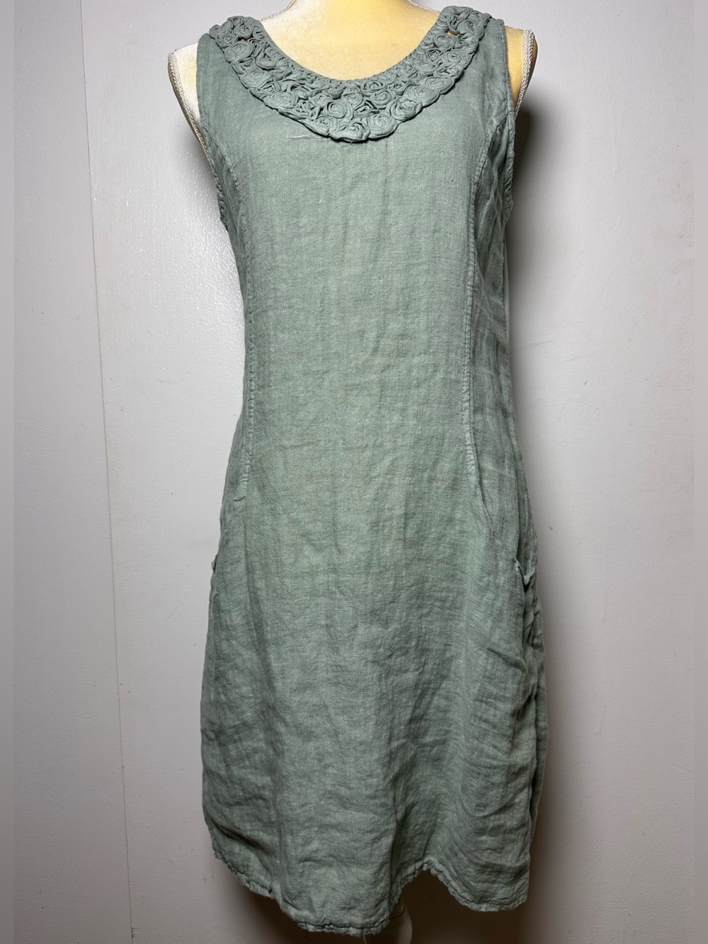 Lungo L’Arno Italian 100% Linen Sage Green Shift Dress - Size Small